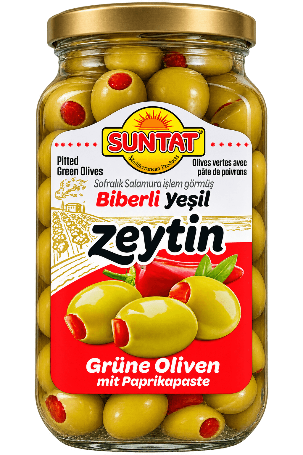 Suntat Zelené olivy plněné paprikovou pastou 800g