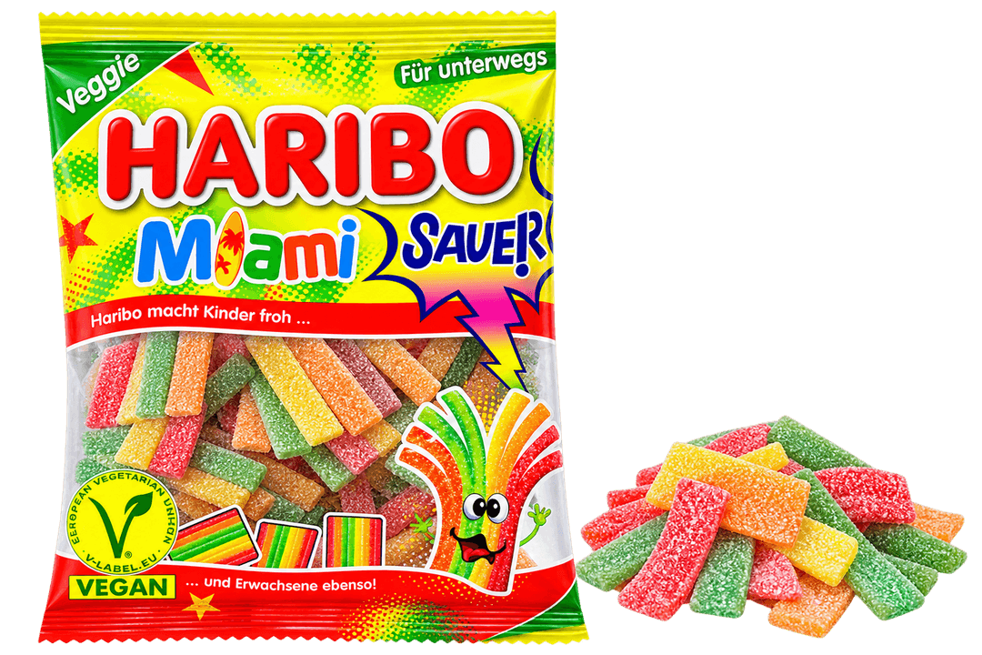 Haribo Miami Sauer Veggie – kyselé ovocné želé bonbony 85g