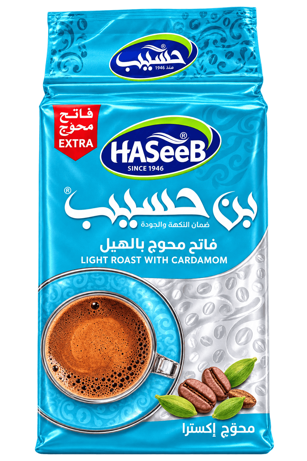 Haseeb Light Roast Cardamom – jemně pražená arabská káva s kardamomem (světle modrý) 500 g