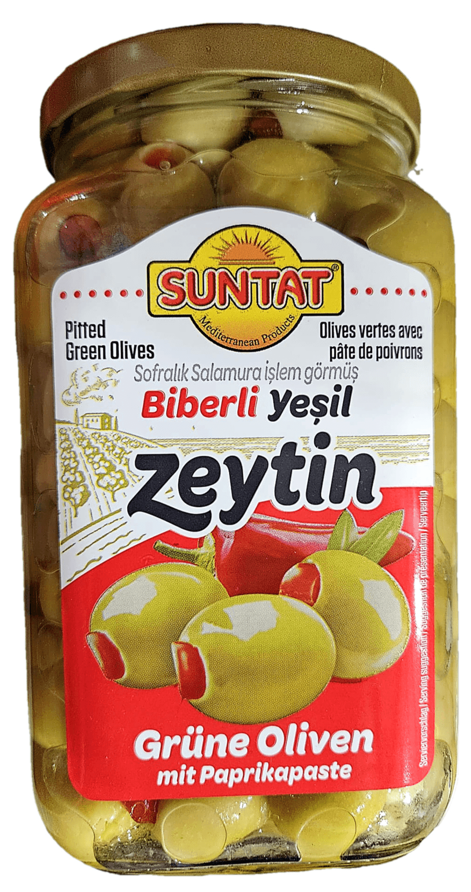 Suntat Zelené olivy plněné paprikovou pastou 800g